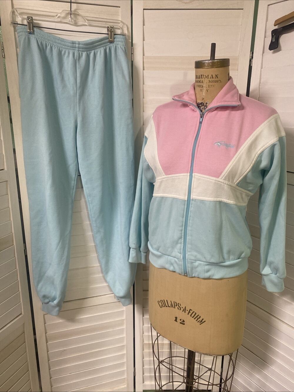 VTG Sweat Suit Women Pastel Blue Pink Cotton Blend Jacket Pants 80s Set Sz Small